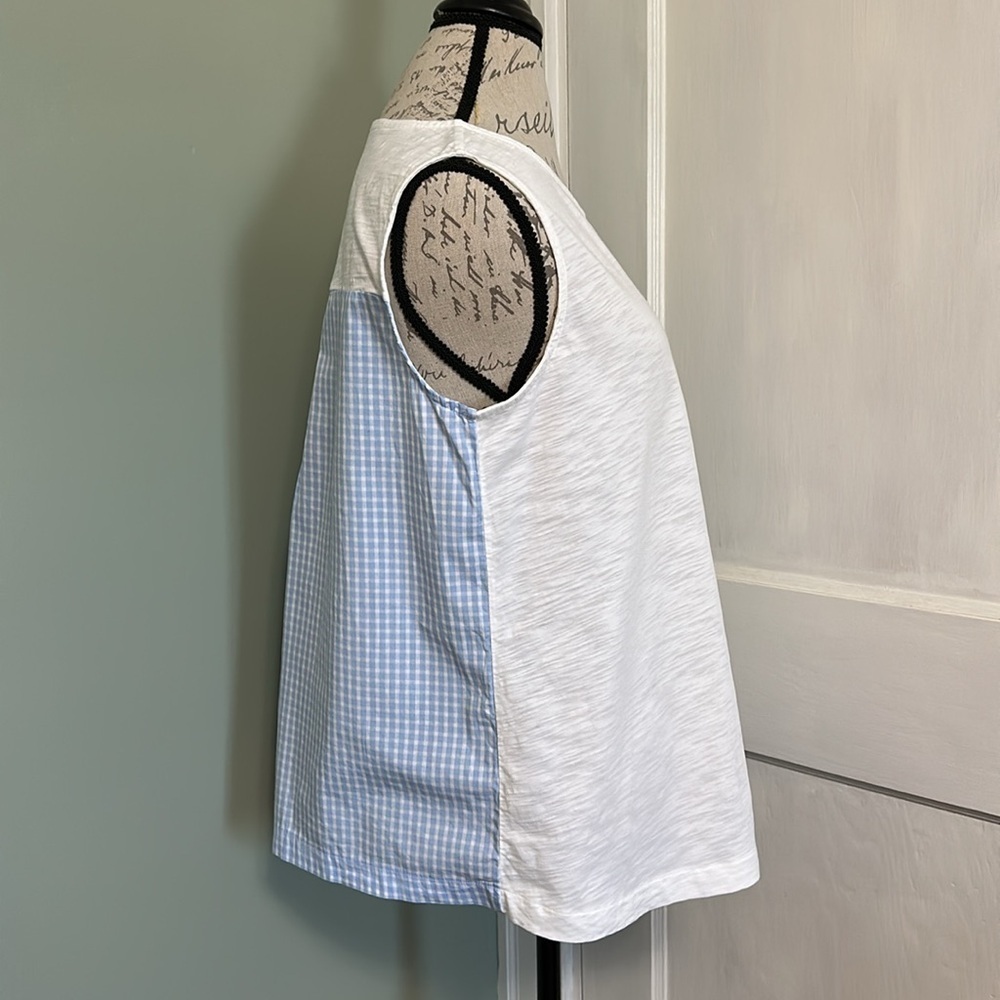 Vineyard Vines White Slub and Light Blue Gingham Relaxed Sleeveless Top
